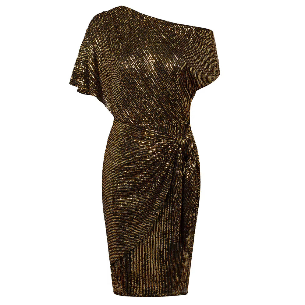 Cocktail Dresses for Women Sequined Party Dress Summer Ruched Short Sleeve Asymmetric off Shoulder Bodycon Dress Vestidos