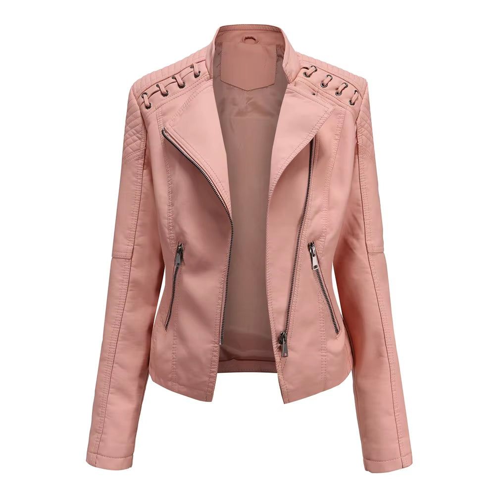 New Spring Autumn Women Faux Leather Jacket Pu Motorcycle Biker Purple Coat Slim Zipper Motorcycles Locomotive Outerwear 4XL